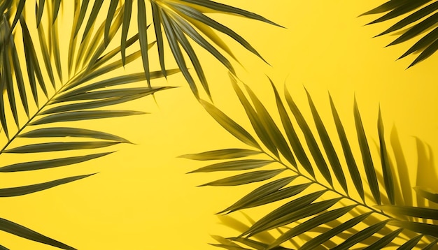 Tropische Palmblätter, die auf einem leuchtend gelben Hintergrund isoliert sind, erzeugen g ai