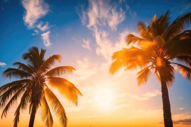Tropische Palme mit Sonnenlicht bei Sonnenuntergang ai generativ