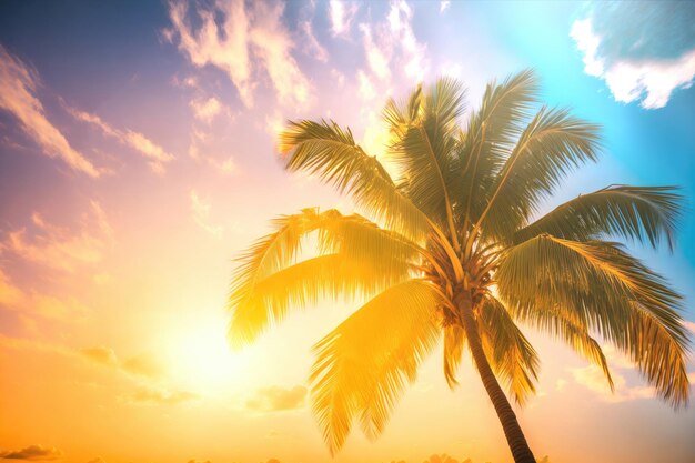 Tropische Palme mit Sonnenlicht bei Sonnenuntergang ai generativ