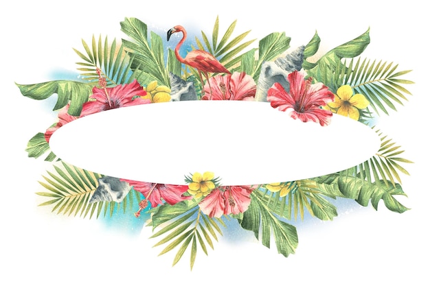 Tropische Palmenblätter, rote Hibiskusblüten, Muscheln und rosa Flamingos vor dem azurblauen Meer und Himmel Aquarellillustration Ein heller Rahmen aus der CUBA-Kollektion Zur Dekoration