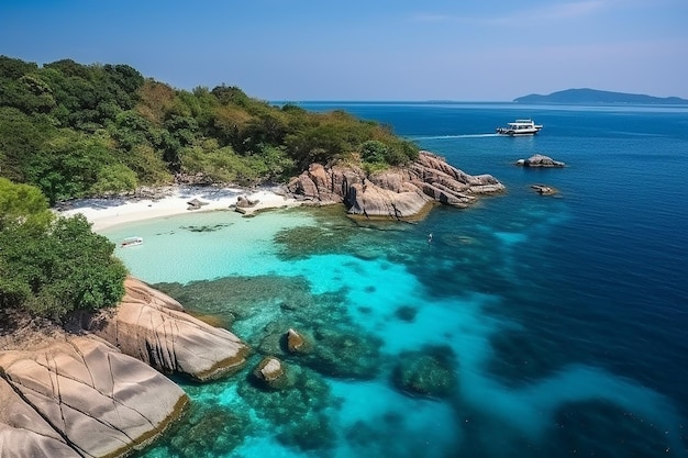 Tropische Paradiesinseln aus ozeanblauem Meerwasser und weißem Sand