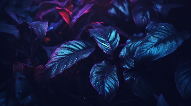 Foto tropische pflanze mit violetten und blauen blättern im dunkeln