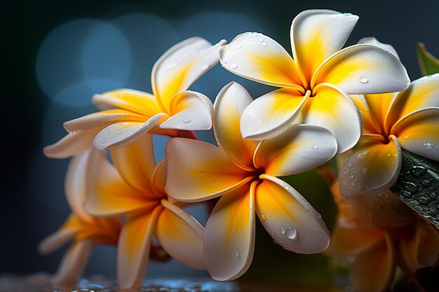 Foto tropische pflanzenplumerien oder frangipani-blüten, isoliert auf blauem hintergrund