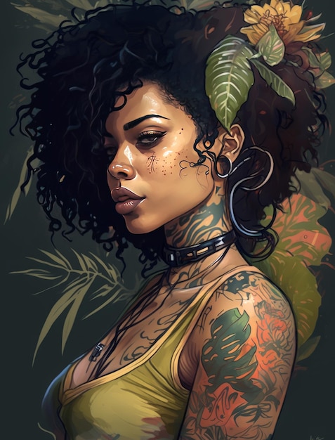 Tropische Punk-Frau, braune Haut, lockiges schwarzes Haar, Karin, cooles Bild, generative AI