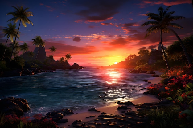 Tropische Ruhe Ein ruhiger Sonnenuntergang am Wasser