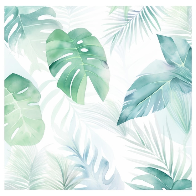Tropische Ruhe Eine zarte Aquarellreise durch weiche, neutrale Blätter auf einer weißen Leinwand