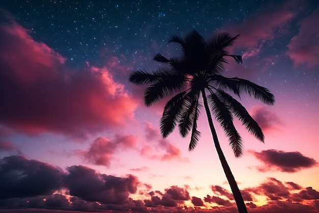 Tropische Sonnenuntergangspalme unter galaktischem Sonnenuntergangshimmel