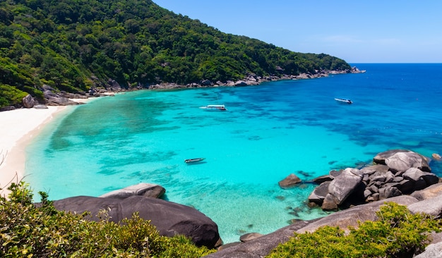 Tropische Strände haben warmes, klares blaues Wasser und blauen Himmelshintergrund oder Landschaft auf den Similan-Inseln