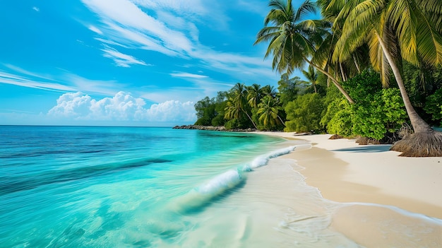 Tropische Strandansicht an einem sonnigen Tag mit weißem Sand, türkisfarbenem Wasser und Palmen.