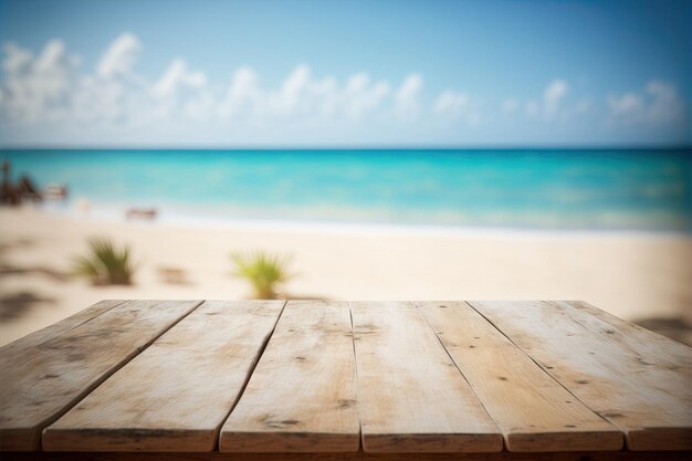 Tropische Strandbar unscharfer Holztisch Meerblick Generative KI