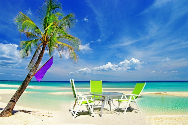 tropische Strandlandschaft mit Stühlen und Kaffeetisch am Strand unter Palme