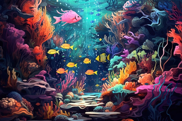 Tropische Szene der Unterwasserwelt Illustration mit Unterwasserszene von Fischen und Korallen