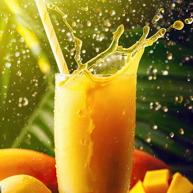 Tropische Szene mit frischem Mangosaft im Hintergrund