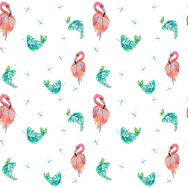 Tropische Vögel Flamingo und Palmblätter Aquarell Musterdesign auf weißem Hintergrund