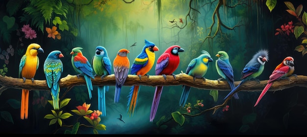 Tropische Vögel sitzen auf einem Baumzweig im Regenwald