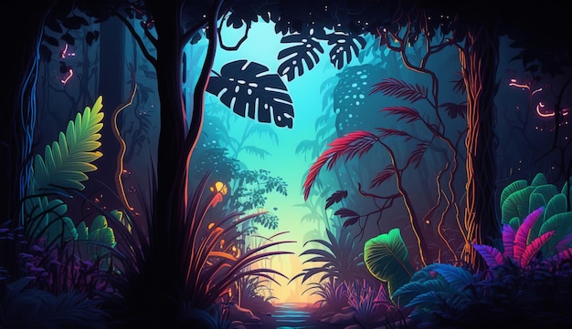 Tropische Waldillustration mit Neonlicht und lebendig