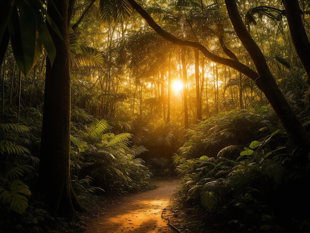 Tropische Waldnatur bei Sonnenuntergang