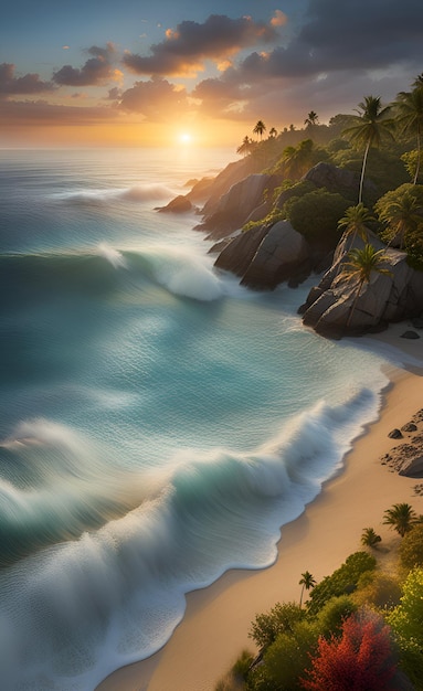 Tropische Wellen am Strand beim Sonnenuntergang