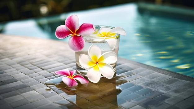 Tropischer Cocktail, dekoriert mit Plumeria-Blumen am Pool. Generative KI-Illustration