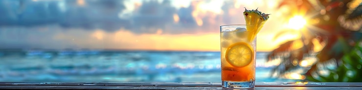 Foto tropischer cocktail mit ananas-scheibe auf dem tisch