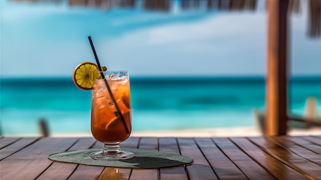 tropischer Cocktail mit kleinem Regenschirm auf dem Holztisch