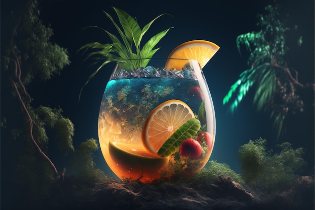 Tropischer Cocktail mit Landschaftsillustration