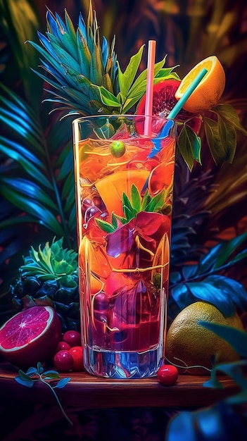 Tropischer Cocktail, realistische Fotografie, bunter Hintergrund, generative KI