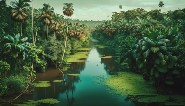 Tropischer Dschungel mit Fluss. Grüne Landschaft des paradiesischen Waldes. Generative KI