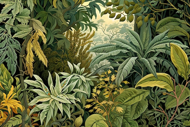 Tropischer Dschungel nahtloses Muster mit Pflanzen und Farnen