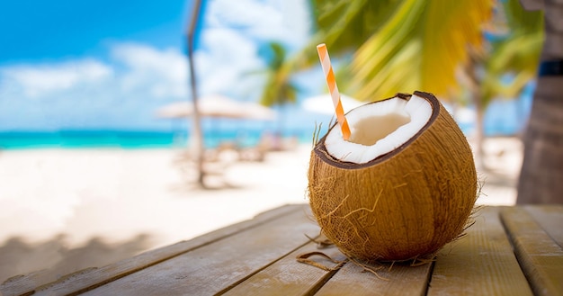 Tropischer frischer Kokosnusscocktail mit Stroh am weißen Strand mit blauem Meer und Palmen auf der Rückseite