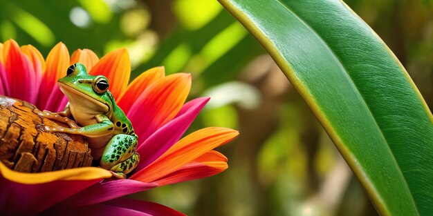 Tropischer Frosch im Dschungel an einem sonnigen Tag Regenwaldillustration mit leuchtend bunten Amphibien zwischen exotischen Pflanzen mit großen Blättern Hintergrund mit unberührter Naturlandschaft Generative KI