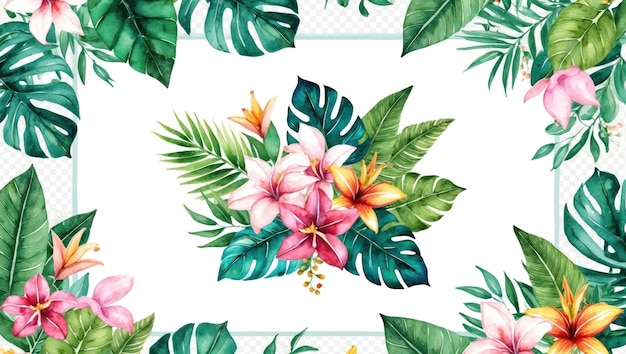 Tropischer Frühlingsblumenrahmen mit lebendigen Blüten und üppig grünen Blättern
