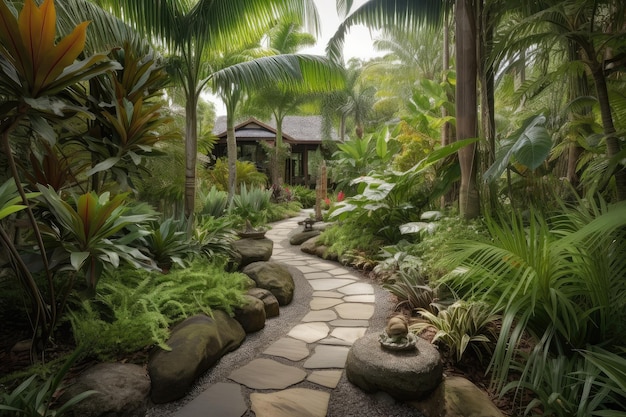 Tropischer Garten mit gewundenen Steinwegen und hoch aufragenden Palmen