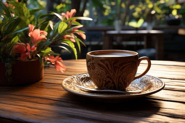 Tropischer Genuss bei einer Tee- oder Kaffeetasse, umgeben von warmem Holzambiente