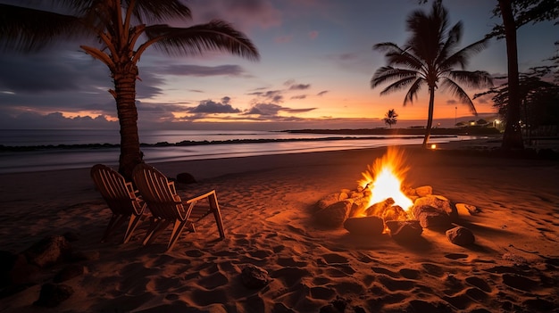 Tropischer Glückseligkeitsabend am Meer mit einer Feuerstelle am Strand