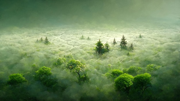 Tropischer grüner Waldhintergrund mit Nebel 3D-Illustration