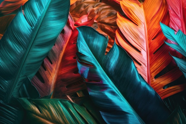 Tropischer heller bunter Hintergrund mit exotisch gemalten tropischen Palmblättern AI generiert