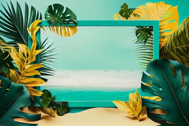 Tropischer Hintergrund mit Palmblättern und Meer Generative AI