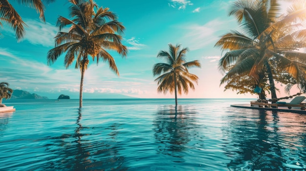 Foto tropischer infinity-pool mit palmen mit blick auf den ozean