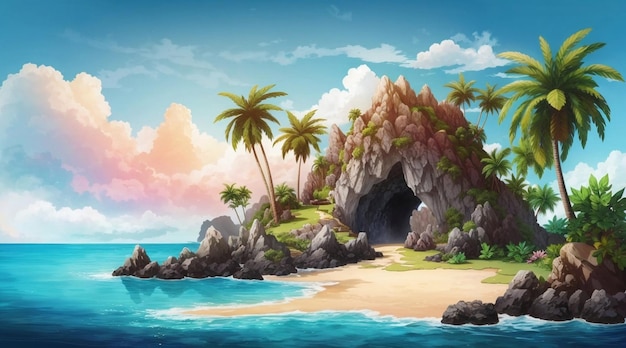 Tropischer Inselhintergrund mit Palme und Höhle von Generative AI