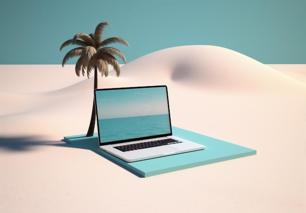 Tropischer Laptop Sommer Palme Computer Baum Reisekonzept Strandurlaub Generative KI