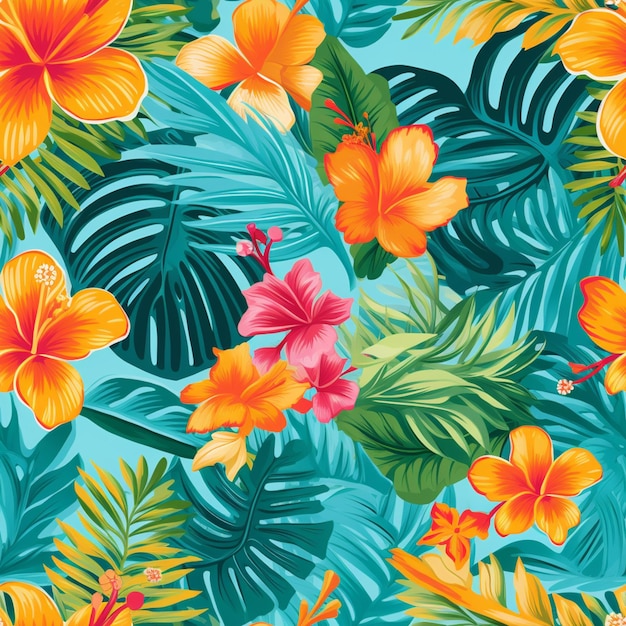 Tropischer nahtloser Hintergrund mit Hibise und Palmblättern