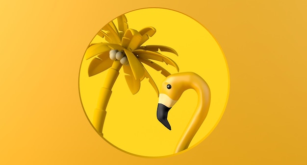 Tropischer Palmen- und Flamingohintergrund mit kreisförmigem Rahmen Kopierbereich 3D-Darstellung