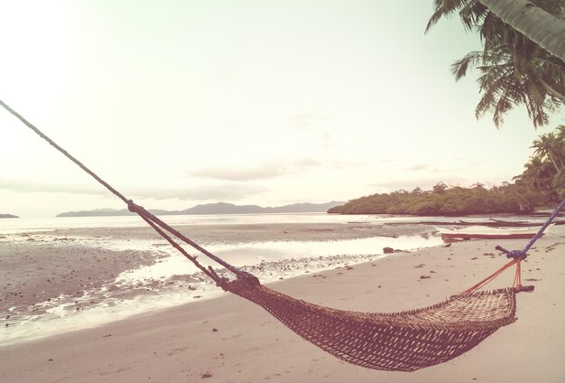 Tropischer Paradiesstrand mit Palmen und traditioneller geflochtener Hängematte