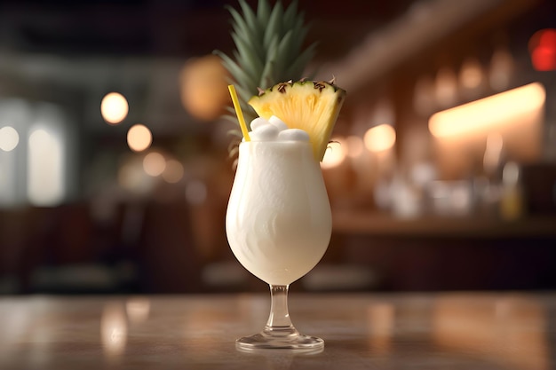 Tropischer Pina-Colada-Cocktail mit Ananas auf dem Stehtisch Generative AI 3