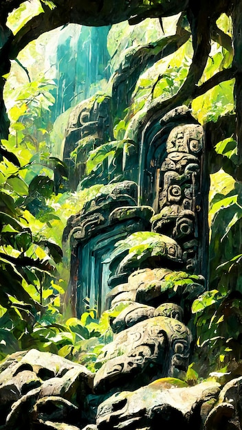 Tropischer Regenwald Maya-Stil Steintür 3D-Darstellung