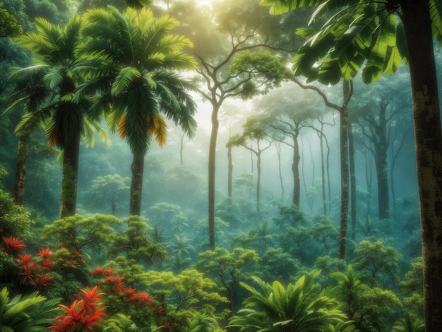 Tropischer Regenwald mit Fluss und Palmen beim Sonnenuntergang Generative KI
