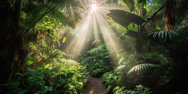 Tropischer Regenwald, tiefer Wald mit strahlendem Licht, Natur, Abenteuer im Freien