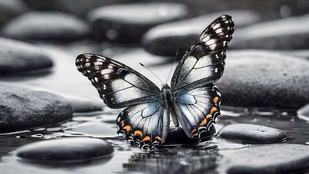 tropischer Schmetterling auf nassen Kieselsteinen in Wassertropfen auf dem Fluss Closeup