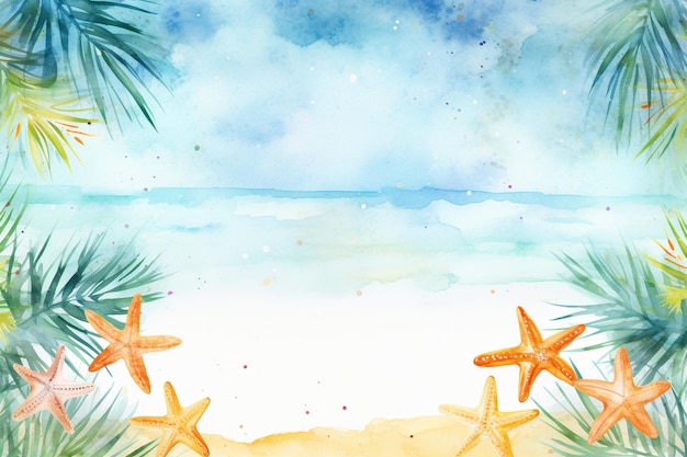 Tropischer Sommer Aquarell-Hintergrund mit Palmenzweigen und Seesternen